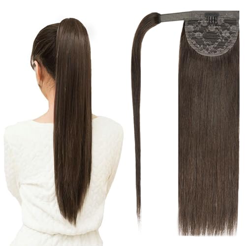 20" Human Hair Ponytail Extensions 95g #2 Dark Brown 100% Remy Human Hair Wrap Around Long Ponytail Clip in Hair Extensions Straight One Piece Hairpiece (20", Dark Brown)
