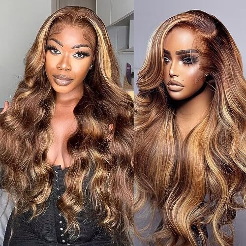20 Inch Highlight Ombre Lace Front Wig Human Hair 180% Density Body Wave Wig 4/27 Colored Pre Plucked HD Lace Frontal Wigs with Baby Hair 13x4 Body Wave wig for Women Honey Blonde Lace Frontal Wig