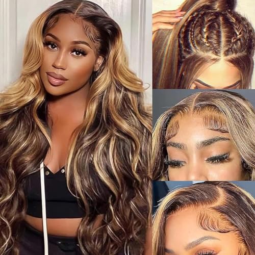 20 Inch Highlight Ombre Lace Front Wig Human Hair Pre Plucked 2/27 Colored HD Transparent Lace Frontal Wigs with Baby Hair 13x4 Body Wave wig 180% Density For Black Women
