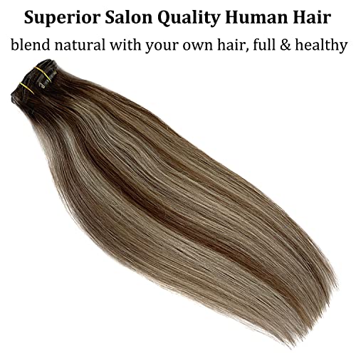 20 Inch Real Human Hair Extensions Clip ins Hair Weft Silky Straight Chocolate Brown with Platinum Blonde Highlights Clip on Brazilian Virgin Human Hair Extensions Double Weft Natural Hair Extensions - Image 2