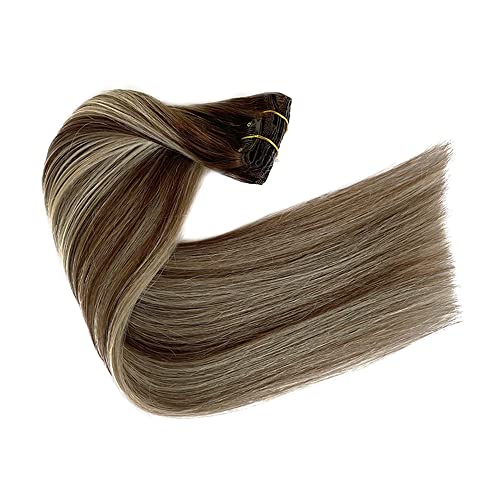 20 Inch Real Human Hair Extensions Clip ins Hair Weft Silky Straight Chocolate Brown with Platinum Blonde Highlights Clip on Brazilian Virgin Human Hair Extensions Double Weft Natural Hair Extensions - Image 6