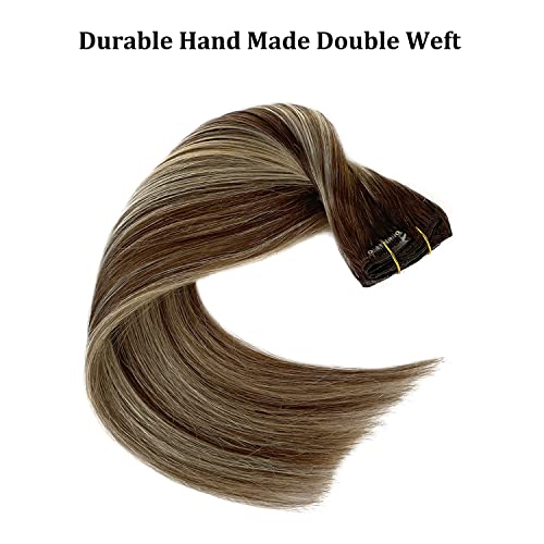 20 Inch Real Human Hair Extensions Clip ins Hair Weft Silky Straight Chocolate Brown with Platinum Blonde Highlights Clip on Brazilian Virgin Human Hair Extensions Double Weft Natural Hair Extensions - Image 3