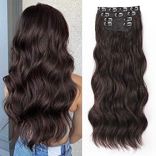 20 inches Clip in Hair Extensions Long Wavy Dark Brown Hair Extensions 4PCS Thick Hairpieces Synthetic Fiber Double Weft Hair Extensions for Women
