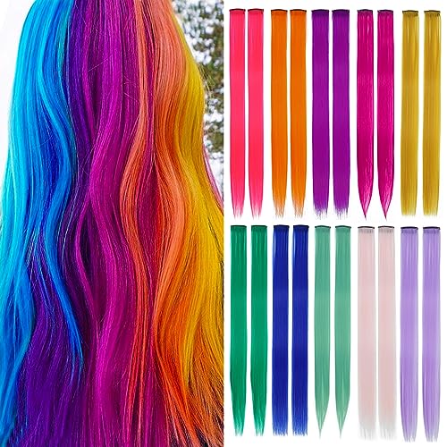 20 Pcs Colored Clip in Hair Extensions Colorful Party Highlights 22 Inch Straight Multi-colors Synthetic Hairpieces for Kids Girls Women (10 colors)