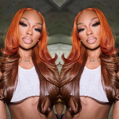 24 Inch Ginger Orange Brown Body Wave Lace Front Wig 200 Density with Baby Hair