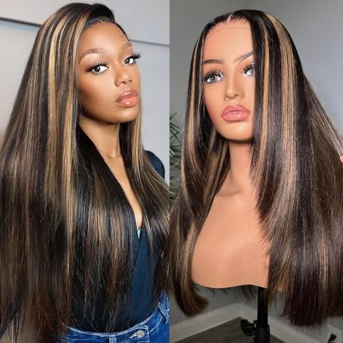 22 Inch Ombre Highlight Straight Lace Front Human Hair Wig 200% Density Pre Plucked Balayage