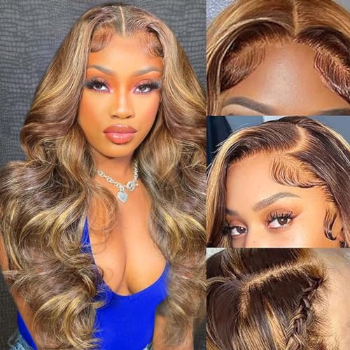 200% Density Highlight Ombre Lace Front Wigs Human Hair Pre Plucked 13x4 HD Wear and Go Glueless Body Wave Frontal Wigs Human Hair Colored P4/27 Honey Blonde Lace Front Wig for Women 22 Inch