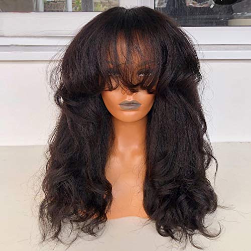 200% Kinky Yaki Wave Human Hair Wigs with Bangs Full Machine Made Wig Brazilian Virgin Human Hair Yaki Straight Wig Scalp Top Wig For Black Women Natural Color 24 Inch