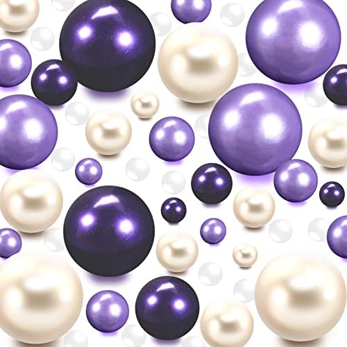 200 Pieces Floating NO Hole Pearls and 6500 Pcs Transparent Water Gels,Floating Beads for Vases,Pearl Decor,Pearl Beads for Home Centerpiece Weddings,10/14/20mm(White,Light Purple,Dark Purple)