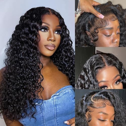 20inch Deep Wave Lace Frontal Wigs Human Hair 13x4 HD Transparent Deep Wave Frontal Wigs Human Hair Pre Plucked with Baby Hair 180% Density Deep Curly Lace Front Human Hair Wigs for Women (20inch)