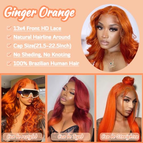 20Inch Ginger Orange Lace Front Wigs Human Hair 180% Density Lace Frontal Body Wave Wig 13x4 Lace Front Human Hair Body Wave Lace Front Wigs for Women Ginger Orange Lace Front Wigs - Image 3