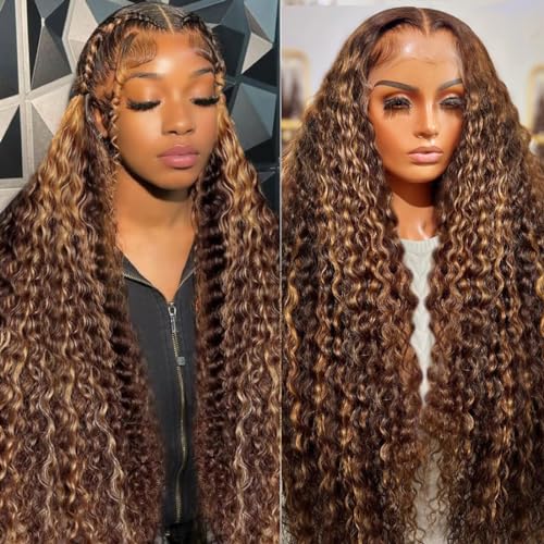 20Inch Highlight 13x6 Lace Front Wigs Human Hair for Women Deep Curly Lace Frontal Wig Pre Plucked Water Wave 180% Density
