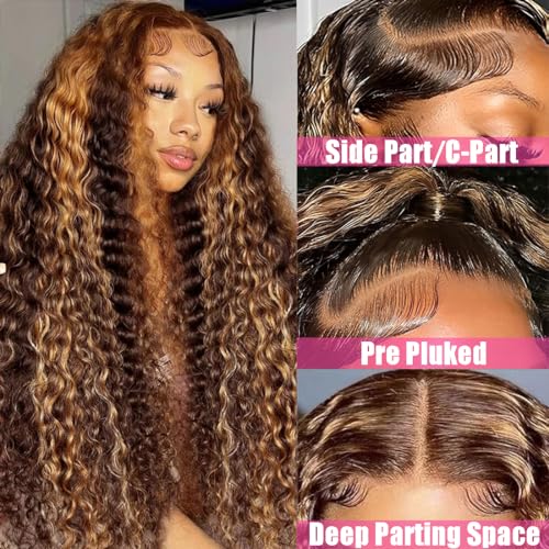 20Inch Highlight 13x6 Lace Front Wigs Human Hair for Women Deep Curly Lace Frontal Wig Pre Plucked Water Wave 180% Density - Image 6