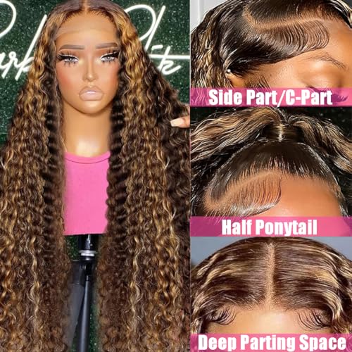 20Inch Highlight 13x6 Lace Front Wigs Human Hair for Women Deep Curly Lace Frontal Wig Pre Plucked Water Wave 180% Density - Image 2