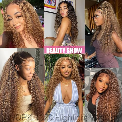 20Inch Highlight 13x6 Lace Front Wigs Human Hair for Women Deep Curly Lace Frontal Wig Pre Plucked Water Wave 180% Density - Image 5