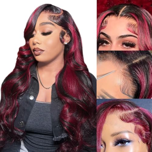 20Inch Highlight Burgundy Lace Front Wig Human Hair 13X4 1B/99J Skunk Stripe Glueless Wigs Human Hair Pre Plucked with Baby Hair 150% Density Ombre Burgundy Body Wave Wig Human Hair