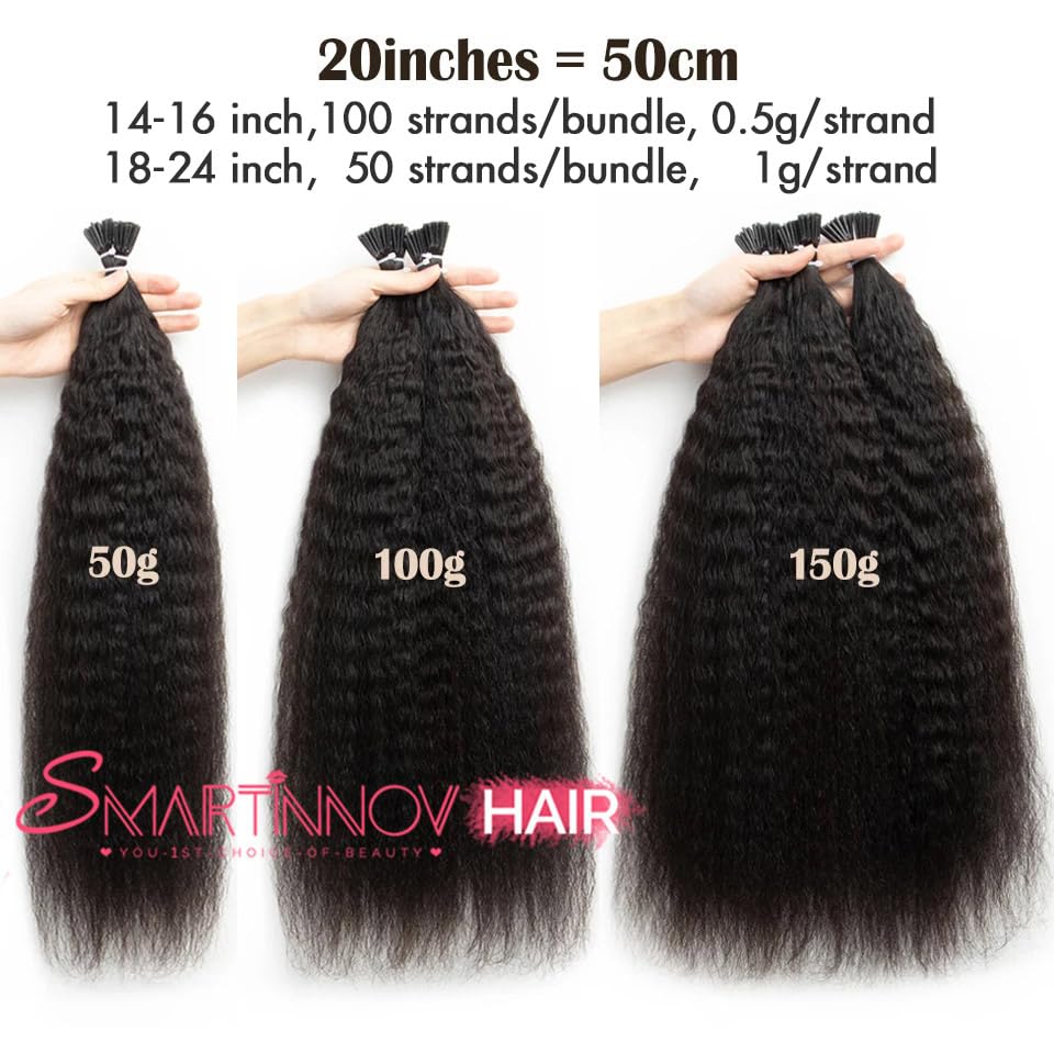 20Inch I Tip Hair Extensions Kinky Straight for Black Women Cold Fusion Remy Hair Bundles Pre Bonded Keratin Stick In Hair Extensions Long Curly for Black Women 50g/50s Curly Tip In Hair Extensions - Image 3