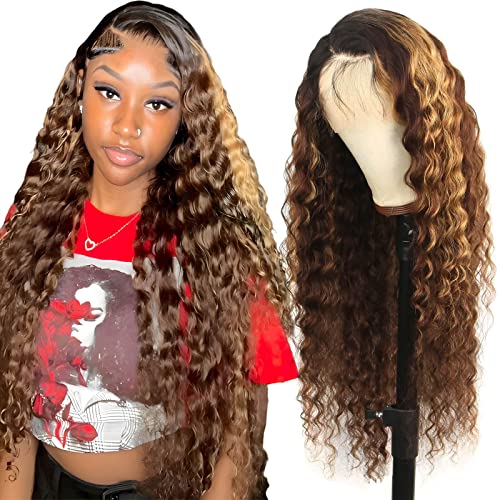 20inch Loose Deep Wave P4/27/30 Highlight 13x6 HD Transparent Lace Front Wigs Ombre Human Hair Wet and Wavy Curly Glueless Lace Frontal Wigs Pre Plucked with Baby Hair 180% Density