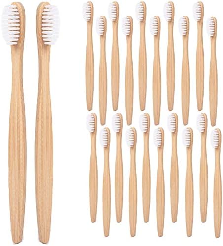 20PCS Bamboo Toothbrushes Soft Bristles Biodegradable Natural Wooden Toothbrush for Men Women, White Portable Plastic Free Eco-Friendly Tooth Brush Men Women Travel