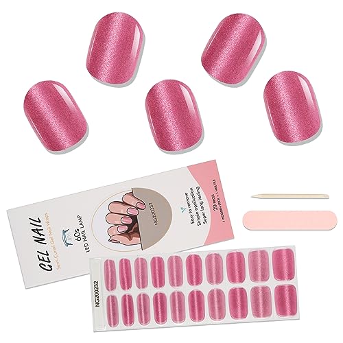 20PCS Pink Cat’s Eye Semi Cured Gel Nail Strips Glossy Finish for DIY Manicures