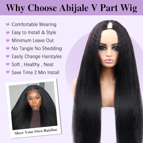 210% Density V Part Kinky Straight Wig Human Hair Beginer Friendly Gluless Updated U Part Wigs For Women V-Part Clip in Wigs No Leave Out V-shape Half Wigs Natural Color (24 Inch) - Image 4