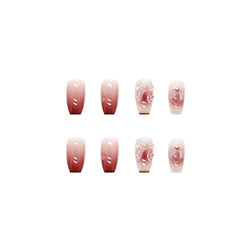 Press Bow Knot Press on Nails Medium Peach Fake Nails Medium Glossy Stick on Nails Natural Full Cover Photochromism False Nails Acrylic Glue on Nails Tips for Women(Pink Bow knot Peach) - Image 6