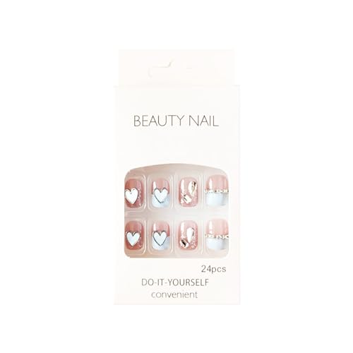 White Press on Nails Short Square Fake Nails French False Nails with LOVE & Rhinestone Design Full Cover Glossy Acrylic Nails Jelly Press on Nails for Women and Girls Fall Winter Manicure 24Pcs - Image 2