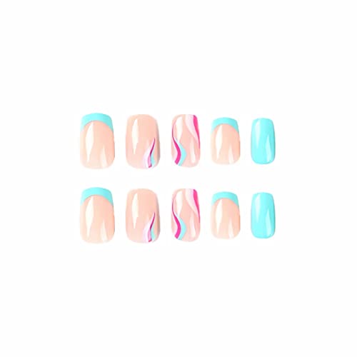 BABALAL Square Press on Nails Medium Blue French Tip Glue on Nails Purple Swirl Acrylic Nails 24Pcs Squoval Nails for Women and Girls - Image 2