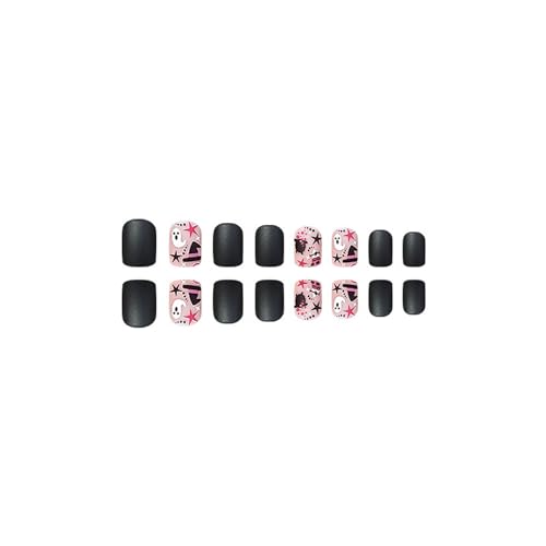Halloween Fake Nails Short Square Press on Nails Petite Cute False Nails with Little Ghost Designs Matte Black Acrylic Nails Holiday Stick on Nails Halloween Glue on Nails for Women Girls - Image 6