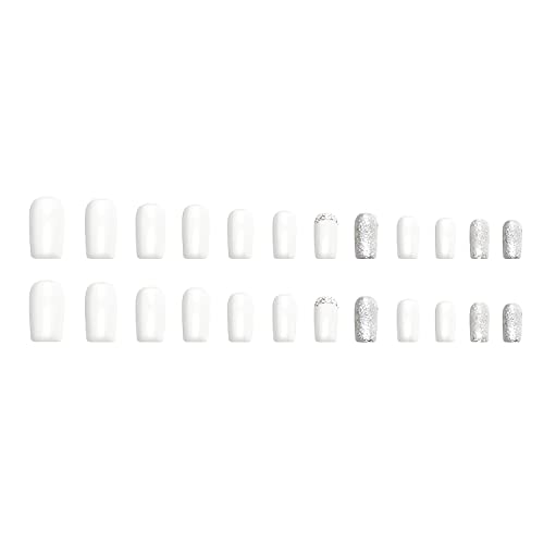 24Pcs White Square Press on Nails Medium Fake Nails with Silver Glitter Designs Glossy Full Cover Acrylic False Nails with Rhinestones Reusable Glue on Nails Cute Artificial Nails for Women Girls - Image 5