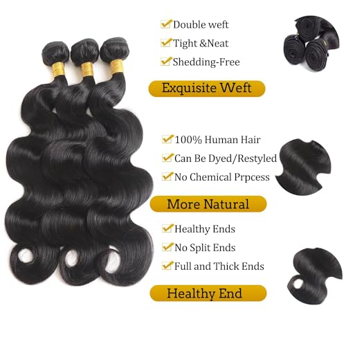 22 24 26 Inch Body Wave Bundles Human Hair Body Wave Bundles 10A Brazilian 100% Unprocessed Virgin Human Hair Wet and Wavy Bundles Double Weft Weave 3 Bundles Natural Black - Image 2