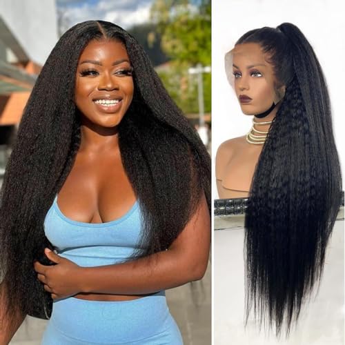 22 Inch 13x6 Kinky Straight Lace Front Wigs Human Hair 180% Density Transparent Hd Lace Front Wigs Human Hair Yaki Straight Brazilian Virgin Human Hair Wigs For Women Natural Black