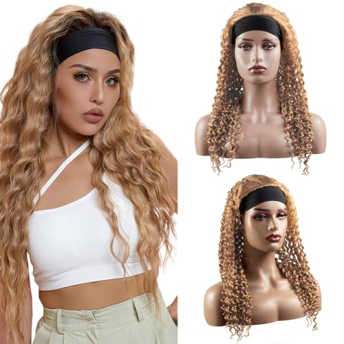 22 Inch #27 Blonde Curly Wave Headband Wig Human Hair Honey Blonde Wigs Kinky Curly Headband Wig Unprocessed Virgin Hair Human Hair Wigs for Black Women