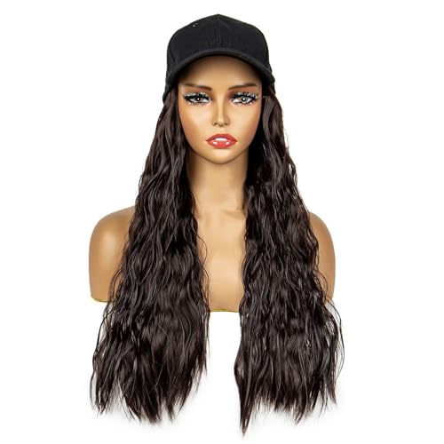 22 inches Synthetic Baseball Cap Wig with Wavy Hair Wigs for Women Daily Wear Black Hat Wig with Natural/Light Brown/Dark Brown Synthetic Hair (Dark Brown)