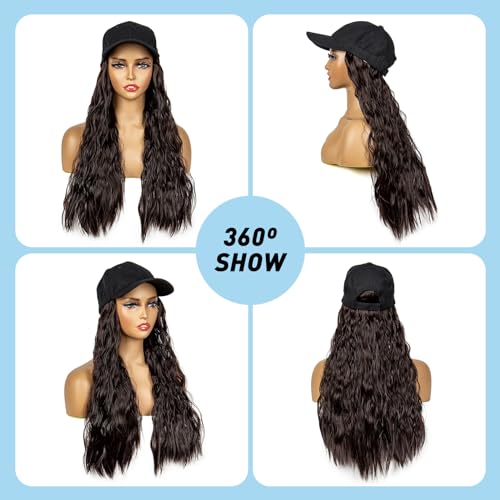 22 inches Synthetic Baseball Cap Wig with Wavy Hair Wigs for Women Daily Wear Black Hat Wig with Natural/Light Brown/Dark Brown Synthetic Hair (Dark Brown) - Image 2