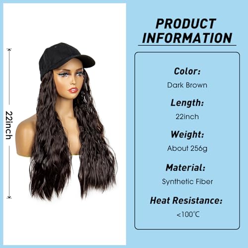 22 inches Synthetic Baseball Cap Wig with Wavy Hair Wigs for Women Daily Wear Black Hat Wig with Natural/Light Brown/Dark Brown Synthetic Hair (Dark Brown) - Image 3