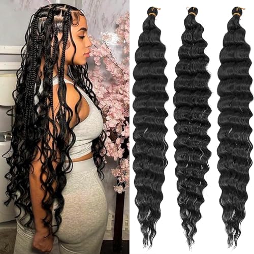 22Inch Ocean Wave 3Pack Crochet hair Extexsions Long Braids Deep wave Synthetic hair Curly Braiding hair for Black Women (22Inch (Pack of 3), Black)