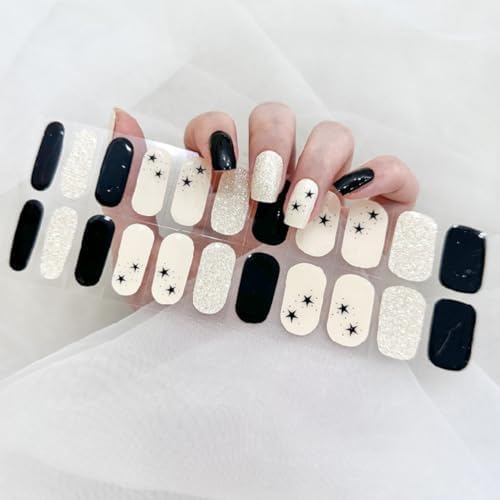 22 Piece Black & White Semi-Cured Gel Nail Strips Kit with UV Lamp, Prep Pads, and Nail File