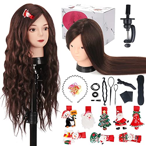 23.5 Inches Maniquin Head with 80% Human Hair, Doll Head for Hair Styling, Manikin Head with Hair, Cosmetology Mannequin Head, 8PCS Christmas Theme Hair Clips + DIY Hair Styling Braid Set