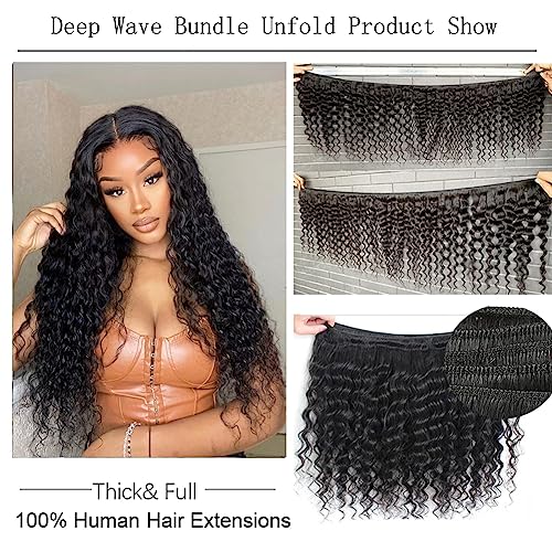 24 26 28 Inch Brazilian Deep Wave Human Hair Bundles Wet and Wavy Natural Black 3 Piece Set - Image 3
