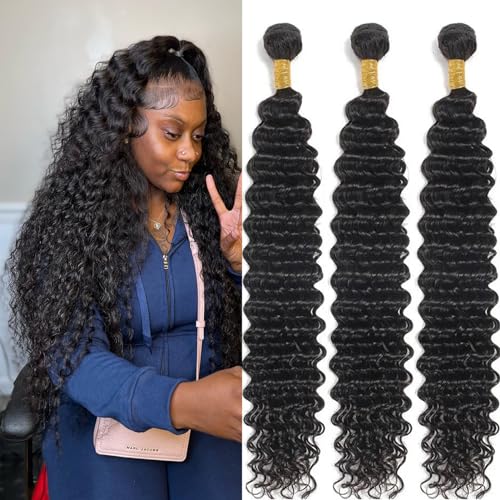 24 26 28 Inch Brazilian Deep Wave Human Hair Bundles Wet and Wavy Natural Black 3 Piece Set