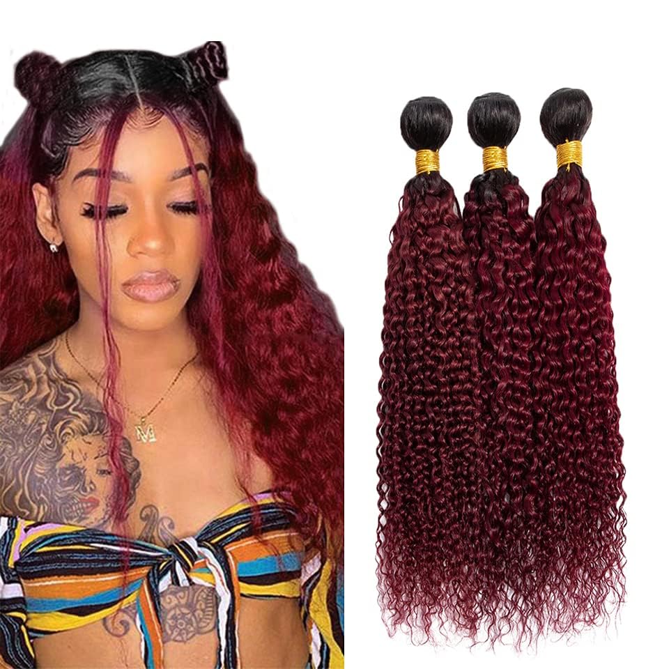 24 26 28 Inch Burgundy Kinky Curly Bundles Ombre Human Hair Bundles Red Curly Bundles 8a Brazilian Virgin Remy Hair Extension For Women Double Weft 1b99j Kinky Curly Bundles 100g/Pc