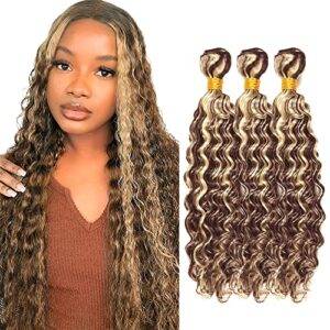 24 26 28 Inch Highlight Human Hair Bundles Honey Blonde Bundles P4/613 Deep Wave Human Hair Bundles Two Tone #4 Brown Mixed With #613 Blonde Bundle