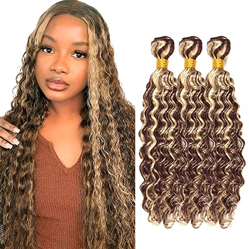 24 26 28 Inch Highlight Human Hair Bundles Honey Blonde Bundles P4/613 Deep Wave Human Hair Bundles Two Tone #4 Brown Mixed With #613 Blonde Bundle