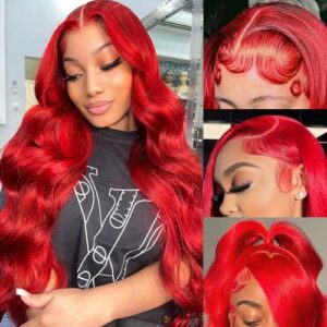 24 Inch Bright Red Body Wave 13x4 Lace Front Wig 180% Density Human Hair