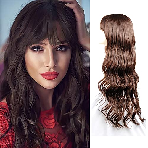 24 Inch Long Brown Wavy Bob Wig With Bangs HD Lace Front Wig Middle Part Bob Curly Wig for Women Girls Shoulder Length Natural Look for Daily Use