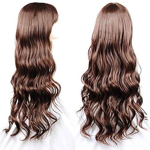 24 Inch Long Brown Wavy Bob Wig With Bangs HD Lace Front Wig Middle Part Bob Curly Wig for Women Girls Shoulder Length Natural Look for Daily Use - Image 2