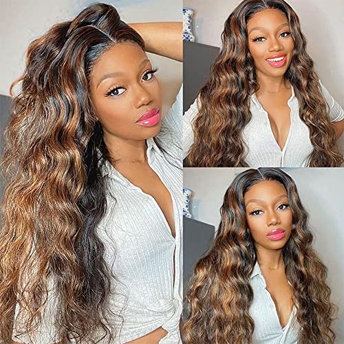 24 Inch Loose Wave Honey Blonde Highlight Human Hair Wigs for Women Pre Plucked Curly Brazilian Highlight 4x4 Lace Closure Wig with 1B Black Roots 150% Density #1B30 Color Highlight Lace Front Wigs - Image 2