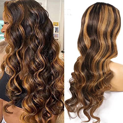 24 Inch Loose Wave Honey Blonde Highlight Human Hair Wigs for Women Pre Plucked Curly Brazilian Highlight 4x4 Lace Closure Wig with 1B Black Roots 150% Density #1B30 Color Highlight Lace Front Wigs