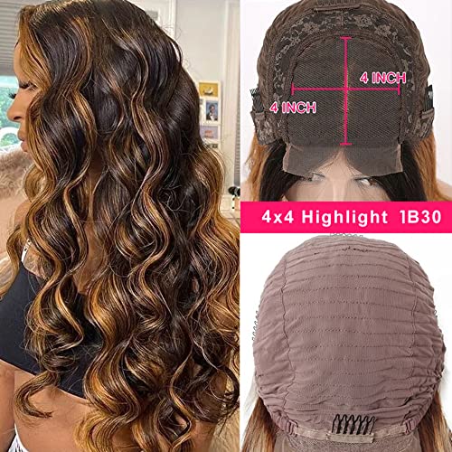 24 Inch Loose Wave Honey Blonde Highlight Human Hair Wigs for Women Pre Plucked Curly Brazilian Highlight 4x4 Lace Closure Wig with 1B Black Roots 150% Density #1B30 Color Highlight Lace Front Wigs - Image 6